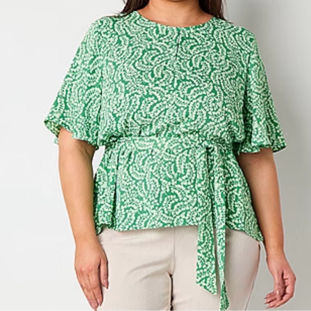 Liz Claiborne Short Flutter Sleeve Green Hearts Blouse